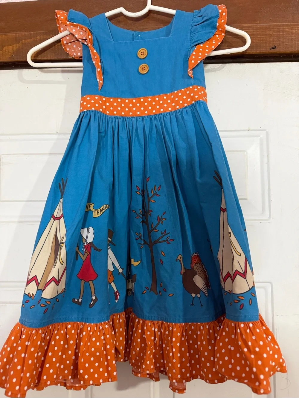Eleanor Rose Girls Thanksgiving Turkey Pilgrim Boutique Dress Blue Orange